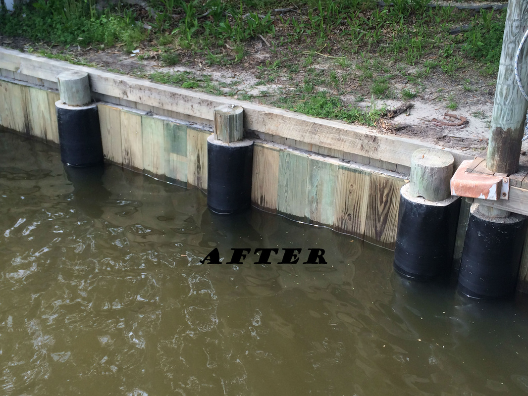 Dock piling after Deep South Marine Restoration wrap and encapsulation